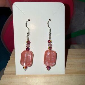 Pink Strawberry Quartz and Crystal Beaded Dangle Earrings